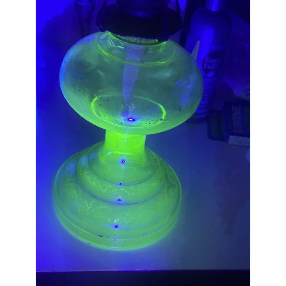 Antique Uranium Glass Depression Glass Oil Lamp W/Wedding Scroll Pattern 20